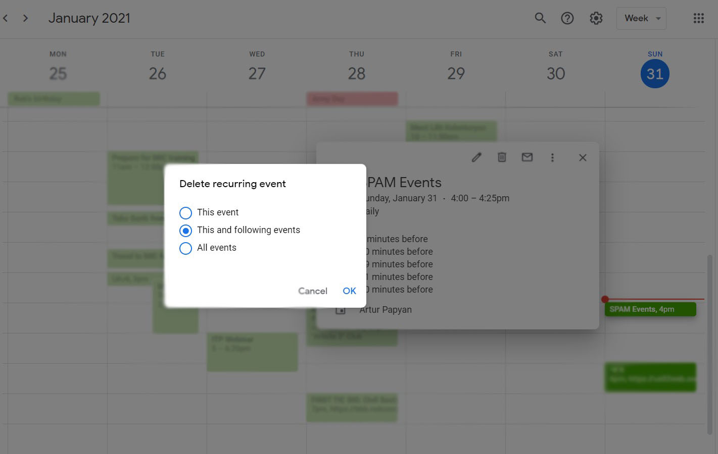 Deleting Calendar Spam Events