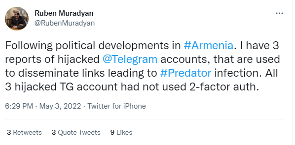 Armenia -- Screenshot from cybersecurity specialist Ruben Muradyan's Twitter about hijacked Telegram accounts, Yerevan, 03May2022