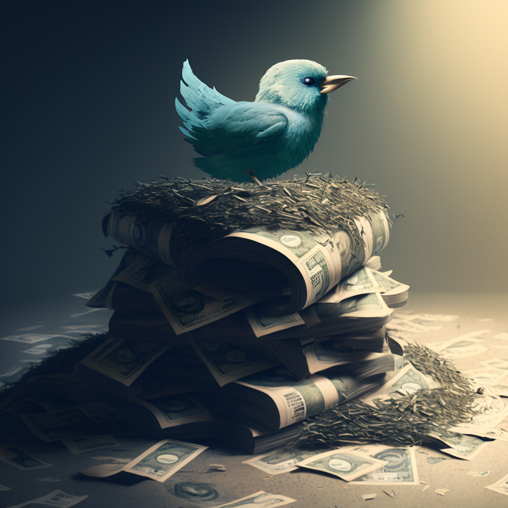Armenia -- Twitter bird sitting on a nest made of a pile of cash, Yerevan, 16Mar2023