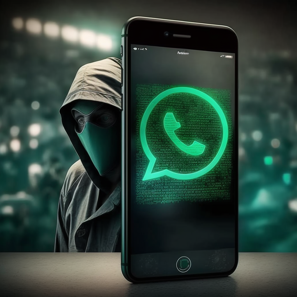 Armenia -- Image of a hacker peeking from behind an iPhone, displaying a WhatsApp logo, Yerevan, 16Mar2023