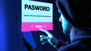 Armenia -- a hacker in a hoodie looking at a neon screen trying to crack a password and being stopped by 2fa, Yerevan, 20May2023