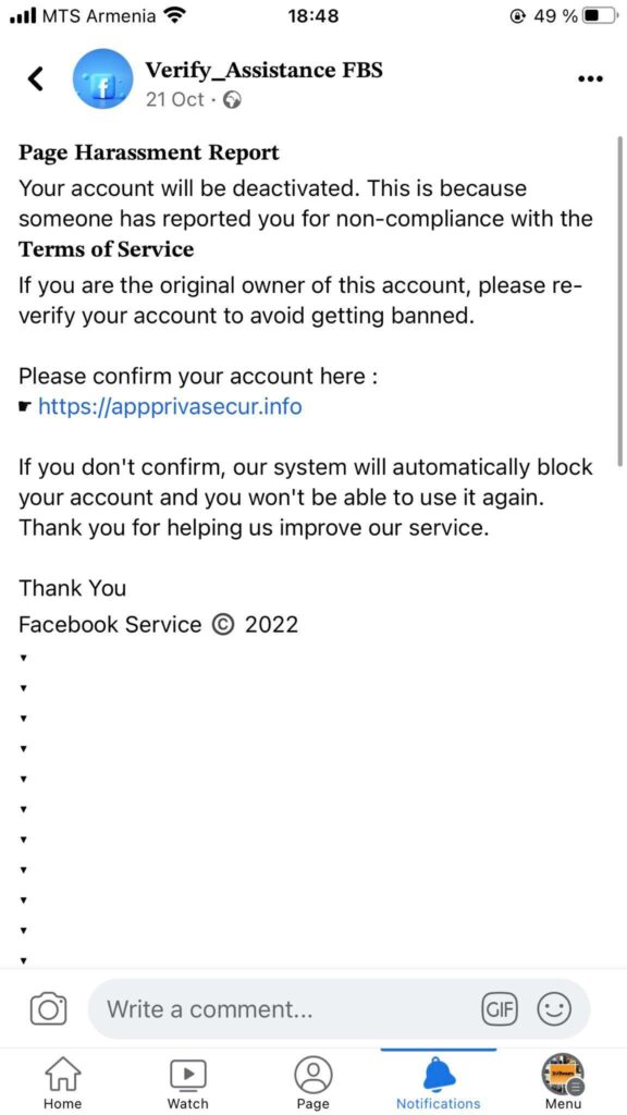 "A screenshot of Facebook phishing in Armenia