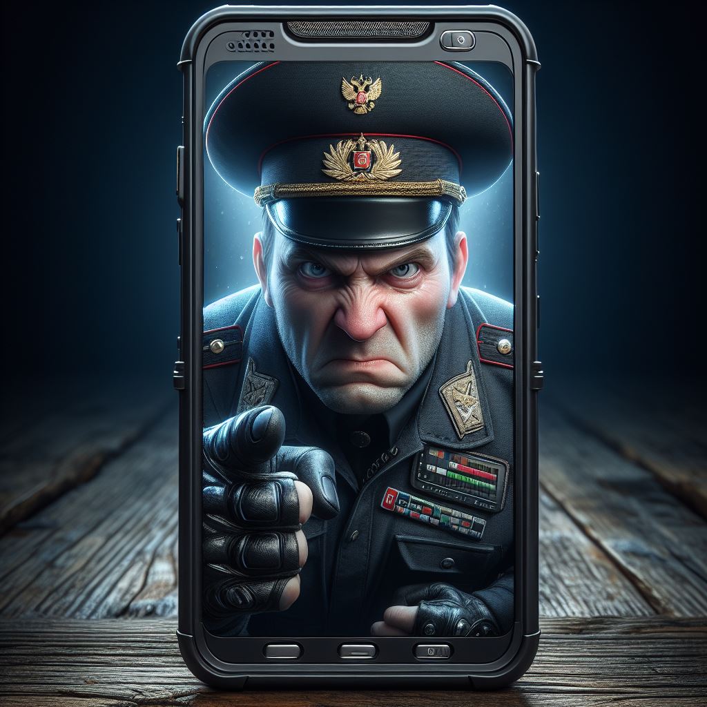 Armenia -- AI illustration about a Russian police officer pointing a finger from a smartphone, Yerevan, 19Mar2024