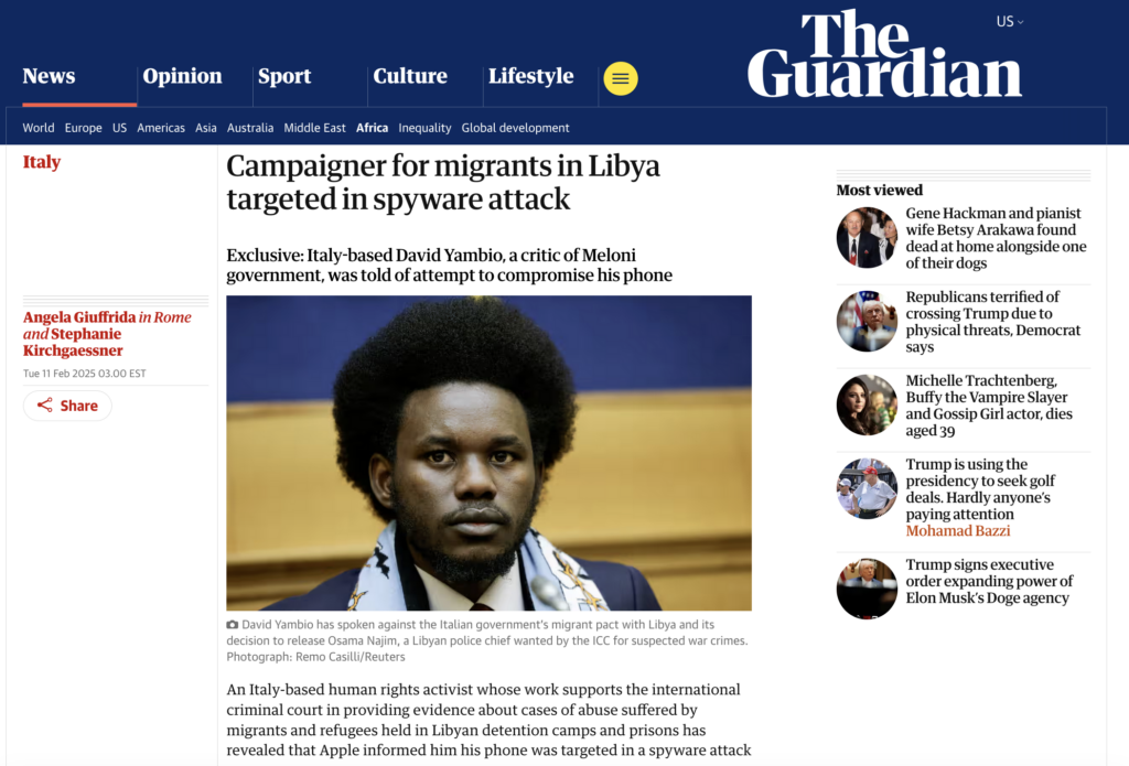 Armenia -- Screenshot of Guardian's page about spyware attack on activist form Italy, Yerevan, 28Feb2025