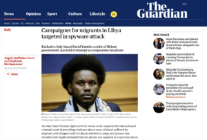 Armenia -- Screenshot of Guardian's page about spyware attack on activist form Italy, Yerevan, 28Feb2025