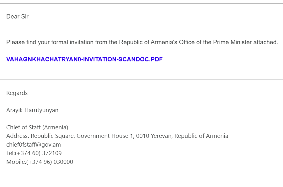 Armenia -- Screenshot of email sent on behalf of Prime Minister's Cheif of Staff, Yerevan, 29Jun2025