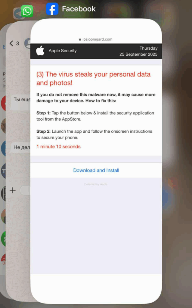 Armenia -- Misleading pop-up warning displayed on a mobile phone screen, directing the user to install malware, Yerevan, 7Oct2025