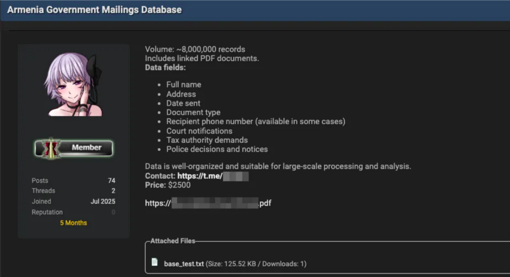 Armenia -- Screenshot of BreachForums posting published by Daily Dark Web, Yerevan, 11Jan2026