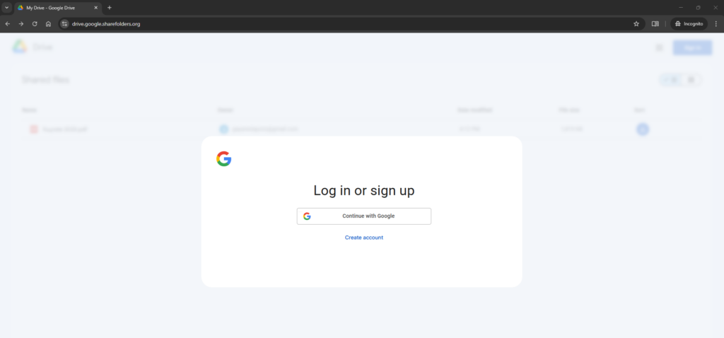 Screenshot 2 of https://drive.google.sharefolders[.]org/ taken on March 4th 2026