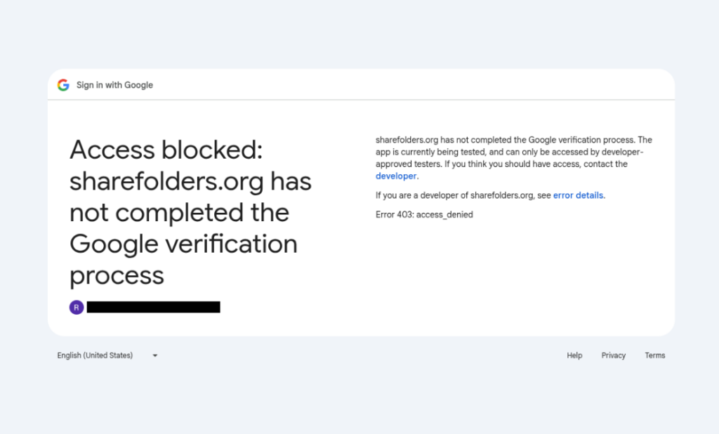 Screenshot - OAuth apps wasn’t approved by Google making the attack unsuccessful