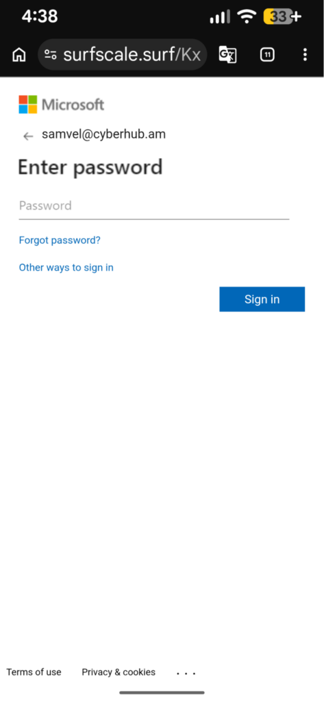Armenia -- Screenshots show how the phishing site is trying to steal credentials of the targets email, mimicking Microsoft`s login page, Yerevan, 17Apr2026